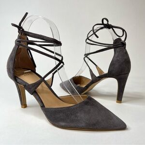 PERLATO Grey Suede Ankle Tie-up Sexy Pointed Toe Pumps Heels Shoes